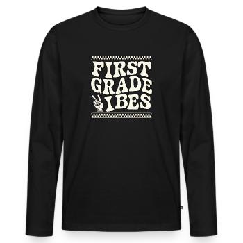 First Grade Vibes Checkerboard Design - Männer Premium Bio Langarmshirt - Schwarz - Vorne - Nico (187cm)