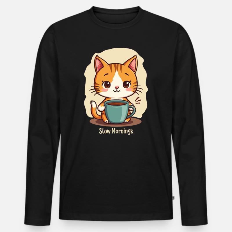 Langsame Morgenkatze mit Kaffee - Männer Premium Bio Langarmshirt - Schwarz