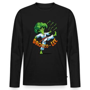 Witziges Brokkoli-Karate Design Brocco-Lee in Act - Männer Premium Bio Langarmshirt - Schwarz - Vorne - Nico (187cm)