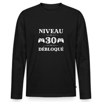 t shirt niveau 30 débloqué anniversaire 30 ans - T-shirt manches longues Premium bio Homme - noir - Devant - Nico (187cm)