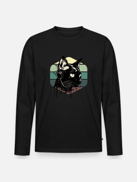 Cat Wearing Headphones | cat wearing earphones - Men's Premium Organic Long Sleeve Shirt - black