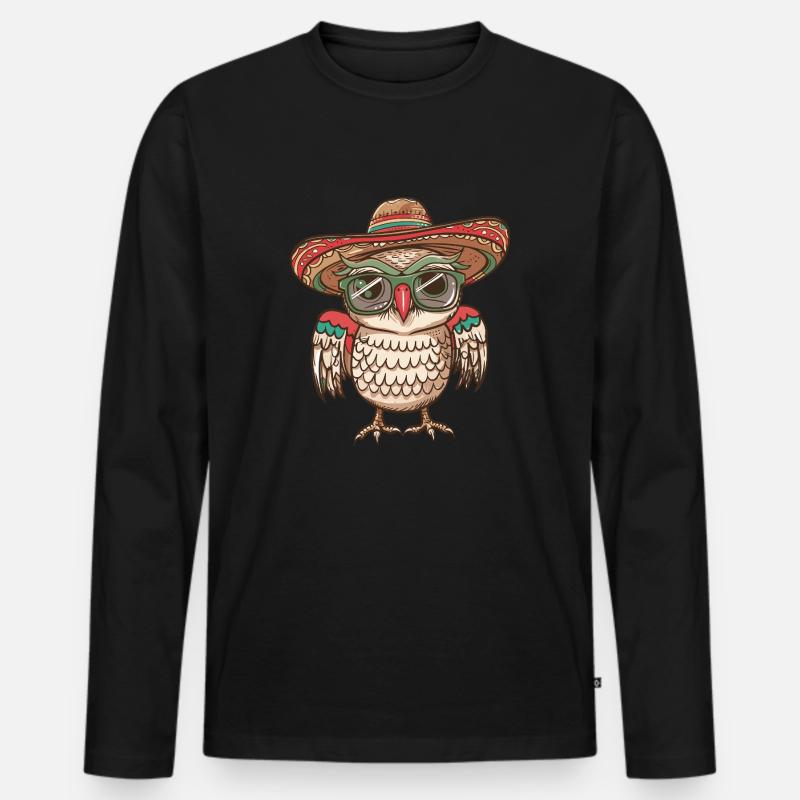 Eule Comic Lustig Sombrero - Männer Premium Bio Langarmshirt - Schwarz