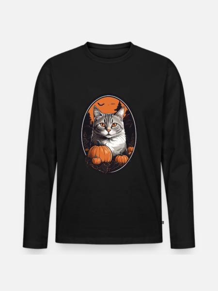 Chat d’Halloween - T-shirt manches longues Premium bio Homme - noir