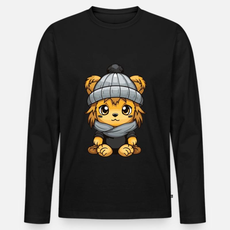 Löwe Winter Comic Niedlich - Männer Premium Bio Langarmshirt - Schwarz