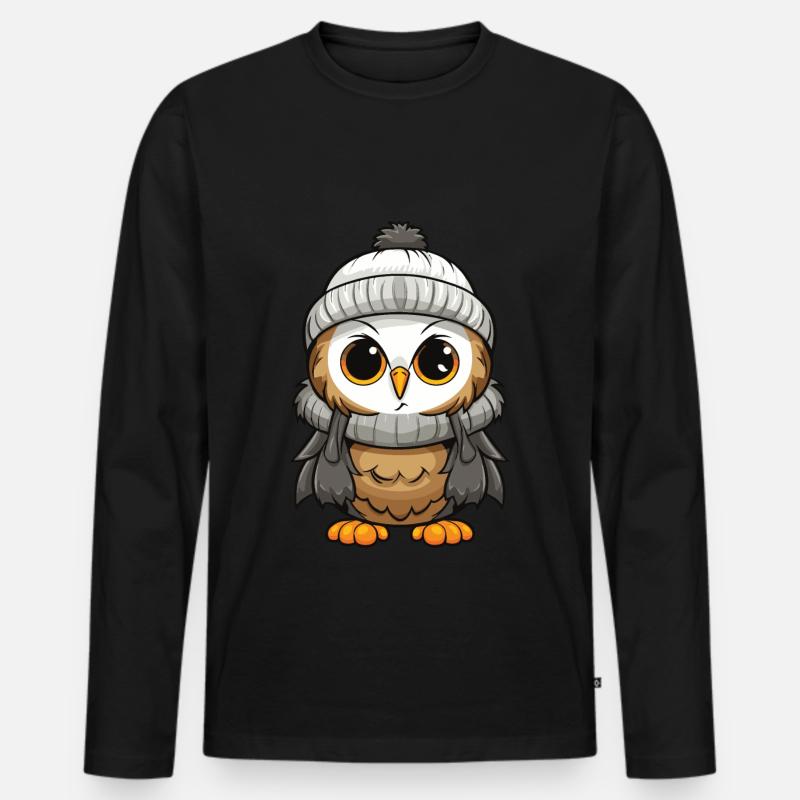 Eule Comic Winter Cozy - Männer Premium Bio Langarmshirt - Schwarz