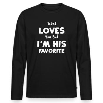 Jésus t’aime mais je suis son Favo... - T-shirt manches longues Premium bio Homme - noir - Devant - Nico (187cm)