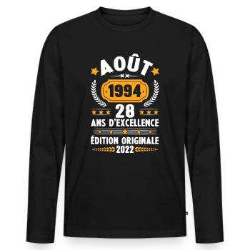 Cadeau D'anniversaire Rétro 28 Ans Août 1994 - T-shirt manches longues Premium bio Homme - noir - Devant - Nico (187cm)