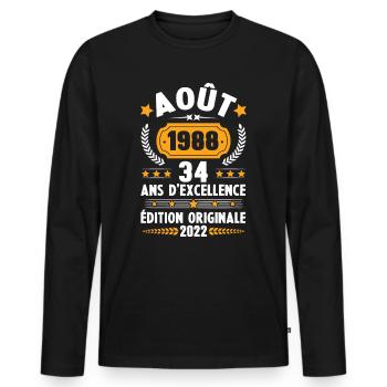 Cadeau D'anniversaire Rétro 34 Ans Août 1988 - T-shirt manches longues Premium bio Homme - noir - Devant - Nico (187cm)