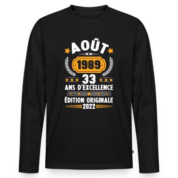 Cadeau D'anniversaire Rétro 33 Ans Août 1989 - T-shirt manches longues Premium bio Homme - noir - Devant - Nico (187cm)