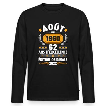 Cadeau D'anniversaire Rétro 62 Ans Août 1960 - T-shirt manches longues Premium bio Homme - noir - Devant - Nico (187cm)