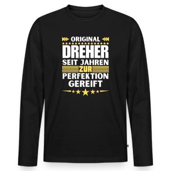 Zur Perfektion gereifter Dreher - Männer Premium Bio Langarmshirt - Schwarz - Vorne - Nico (187cm)