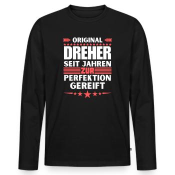 Zur Perfektion gereifter Dreher - Männer Premium Bio Langarmshirt - Schwarz - Vorne - Nico (187cm)