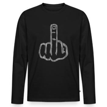 Background text: "Fuck you" stink finger - Men's Premium Organic Long Sleeve Shirt - black - Front - Nico (187cm)
