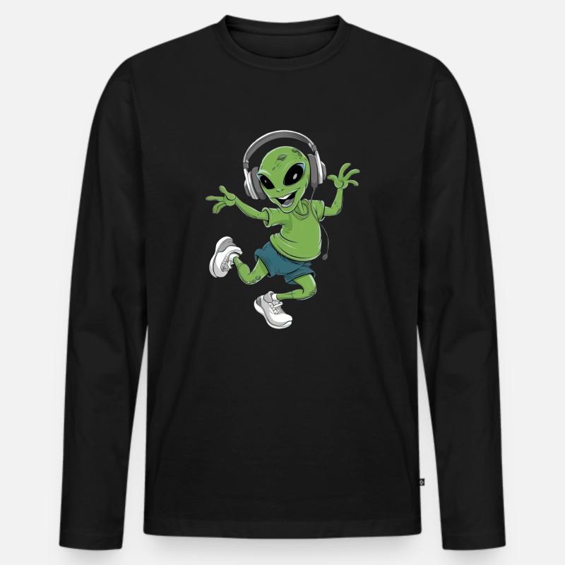 Alien Mit Kopfhörer - Männer Premium Bio Langarmshirt - Schwarz