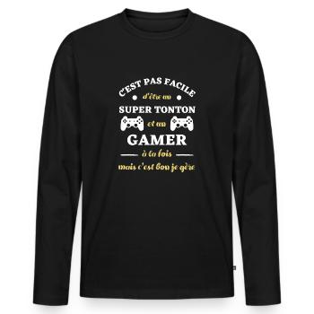 super tonton gamer humour idée cadeau personnalisé - T-shirt manches longues Premium bio Homme - noir - Devant - Nico (187cm)
