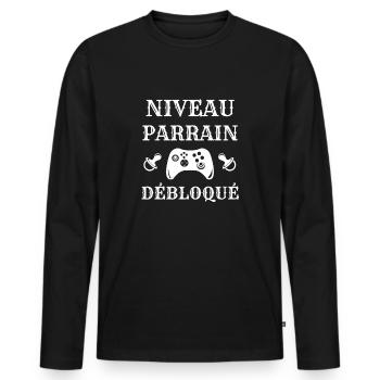 niveau parrain débloqué annonce grossesse humour - T-shirt manches longues Premium bio Homme - noir - Devant - Nico (187cm)