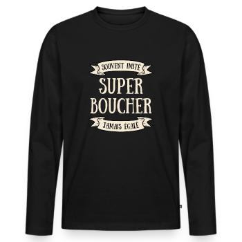 super boucher homme humour boucherie idée cadeau - T-shirt manches longues Premium bio Homme - noir - Devant - Nico (187cm)