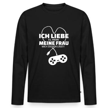 Ich liebe es wenn meine Frau mich zocken lässt - Männer Premium Bio Langarmshirt - Schwarz - Vorne - Nico (187cm)