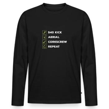 Tricking 540 Kick Aerial Korkenzieher Repeat - Männer Premium Bio Langarmshirt - Schwarz - Vorne - Nico (187cm)