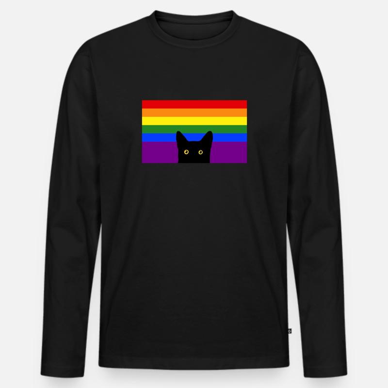 Peeking Cat auf Regenbogenflagge - Männer Premium Bio Langarmshirt - Schwarz