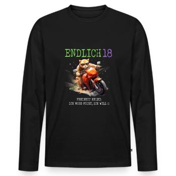 Katze auf Motorrad Endlich 18 - Männer Premium Bio Langarmshirt - Schwarz - Vorne - Nico (187cm)