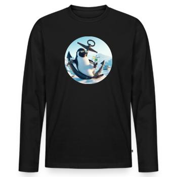 Casual penguin sits on anchor and drinks - Men's Premium Organic Long Sleeve Shirt - black - Front - Nico (187cm)