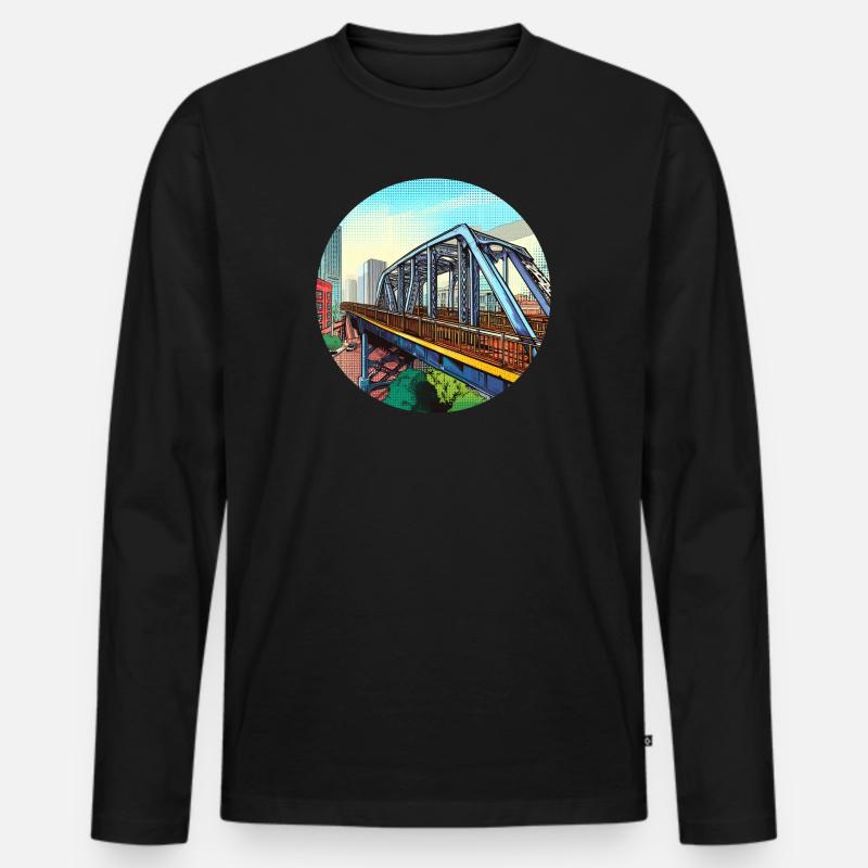 Comic Brücke in Stadt - Männer Premium Bio Langarmshirt - Schwarz