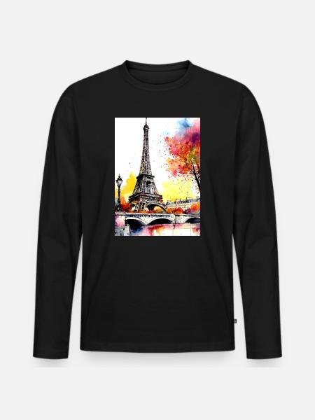 Eiffel Tower in autumn watercolour - Men's Premium Organic Long Sleeve Shirt - black
