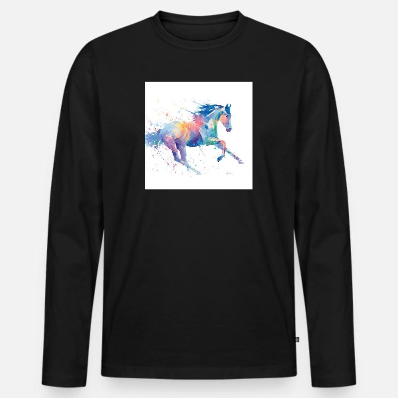 Regenbogen-Aquarell-Galopppferd - Männer Premium Bio Langarmshirt - Schwarz