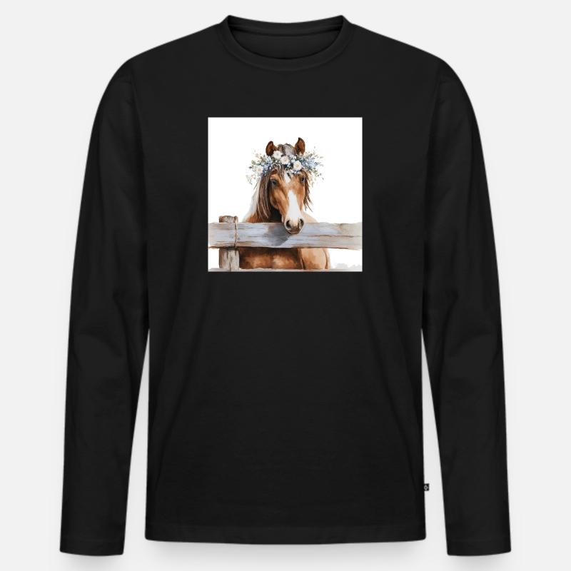 Blütengekrontes Pferd - Männer Premium Bio Langarmshirt - Schwarz