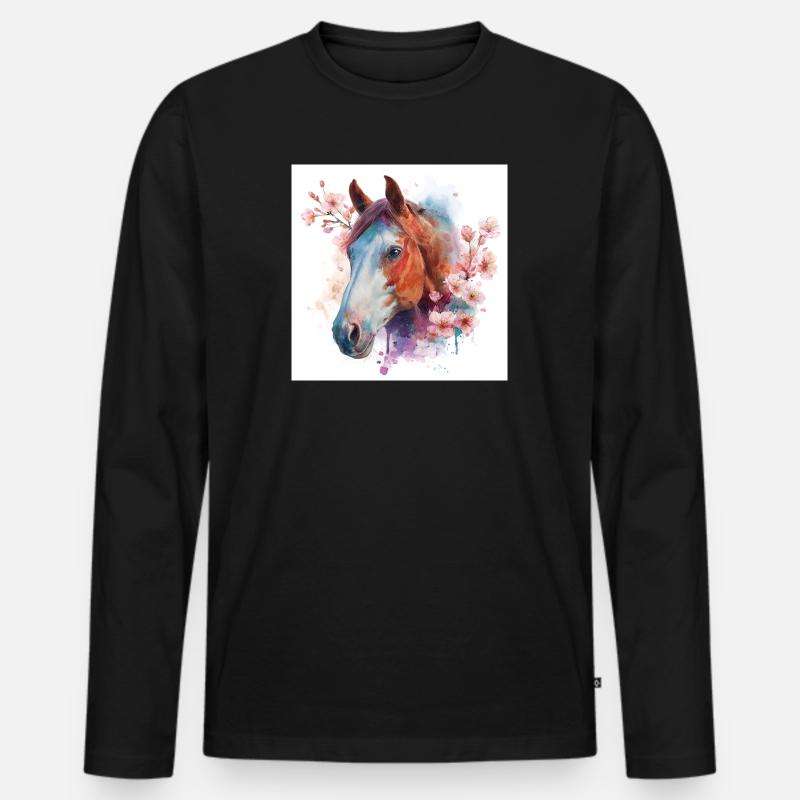 Aquarell Pferd und Blüten - Männer Premium Bio Langarmshirt - Schwarz