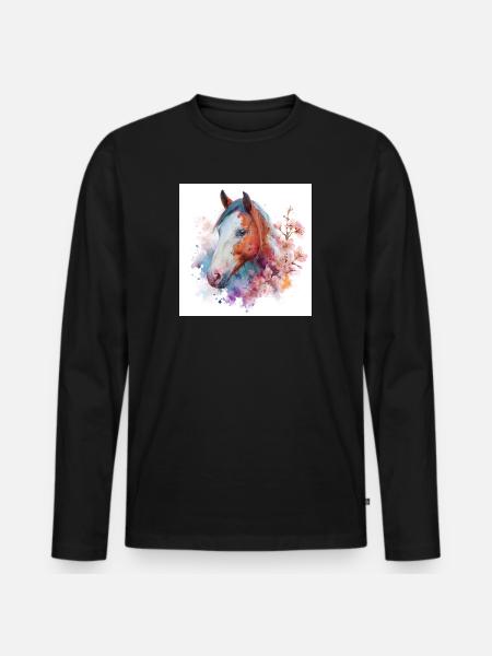 Aquarell Pferdeblüten-Porträt - Männer Premium Bio Langarmshirt - Schwarz