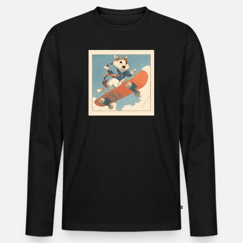 Retro-Katzen-Skateboarder im Flug - Männer Premium Bio Langarmshirt - Schwarz