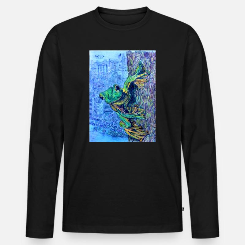 Frosch auf Baum mit Stadtansicht - Männer Premium Bio Langarmshirt - Schwarz