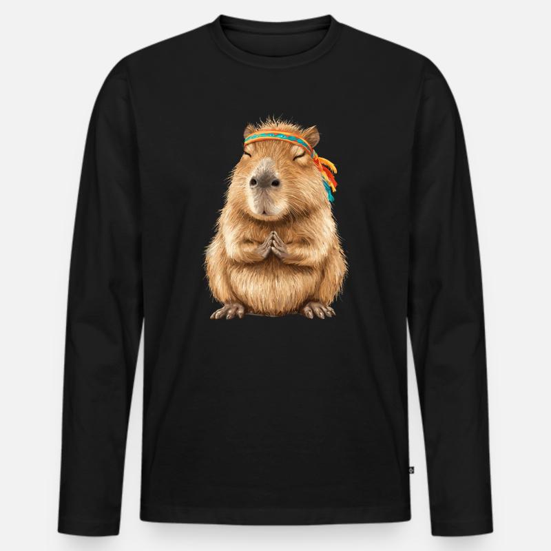 Capybara in Meditationspose mit Stirnband - Männer Premium Bio Langarmshirt - Schwarz