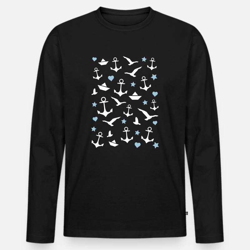 Anker Muster Maritim - Männer Premium Bio Langarmshirt - Schwarz