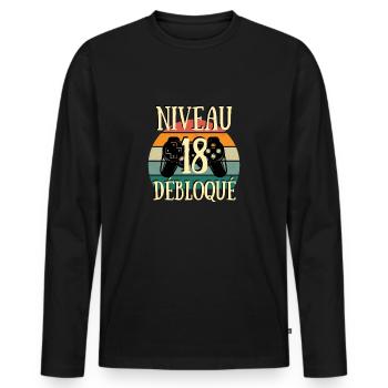 niveau 18 débloqué humour anniversaire 18 ans - T-shirt manches longues Premium bio Homme - noir - Devant - Nico (187cm)