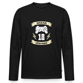 niveau 18 débloqué humour anniversaire 18 ans - T-shirt manches longues Premium bio Homme - noir - Devant - Nico (187cm)