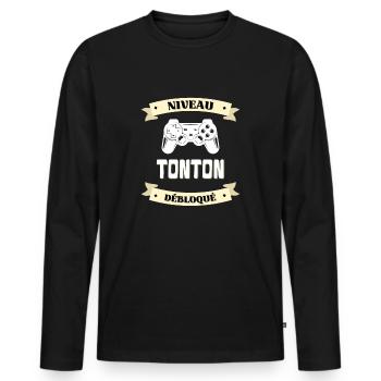 niveau tonton débloqué annonce grossesse humour - T-shirt manches longues Premium bio Homme - noir - Devant - Nico (187cm)