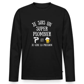 Super plombier pression humour plomberie homme - T-shirt manches longues Premium bio Homme - noir - Devant - Nico (187cm)