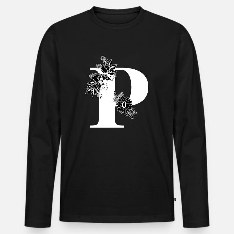 Blumen schwarz-weiß Buchstabe p - Männer Premium Bio Langarmshirt - Schwarz
