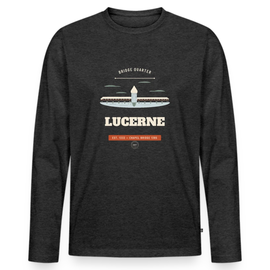 Lucerne badge on a men's premium organic long sleeve shirt, heather anthracite