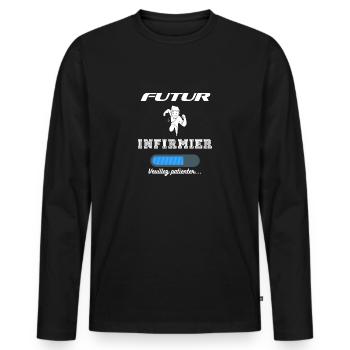 Futur infirmier. Idée cadeau étudiant - T-shirt manches longues Premium bio Homme - noir - Devant - Nico (187cm)