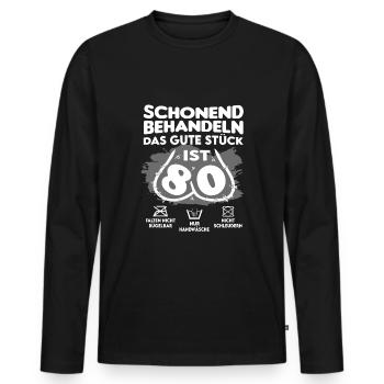 Geburtstag 80 Schonend behandeln Das Stück ist 80 - Männer Premium Bio Langarmshirt - Schwarz - Vorne - Nico (187cm)