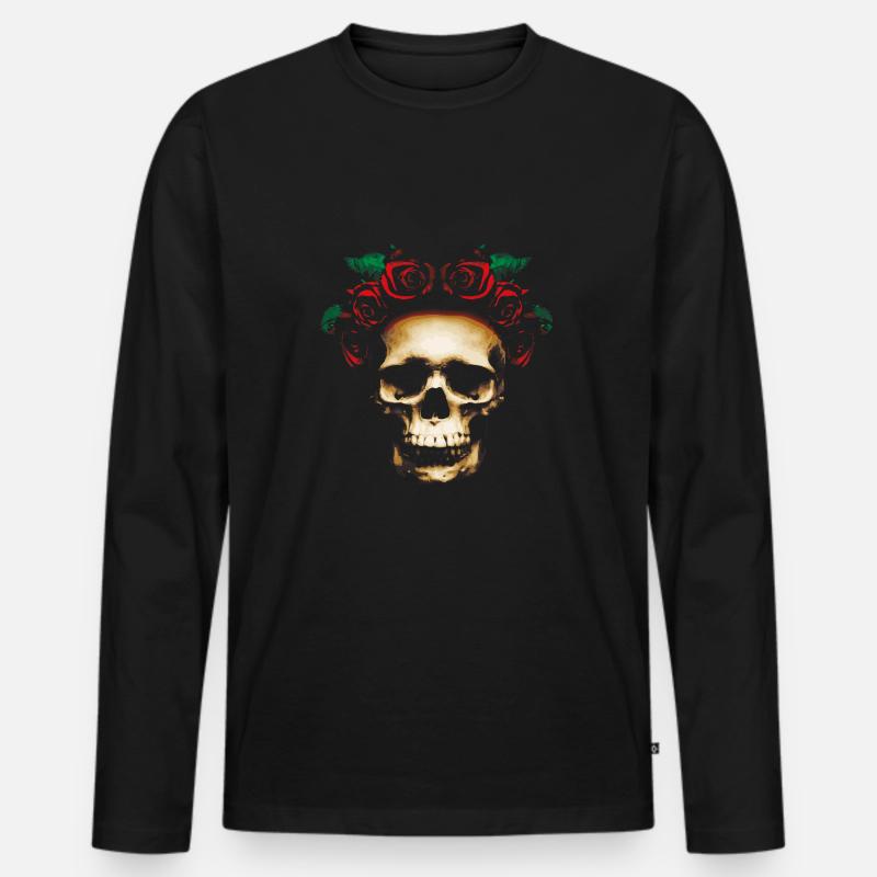 Totenkopf mit Rosen - Männer Premium Bio Langarmshirt - Schwarz