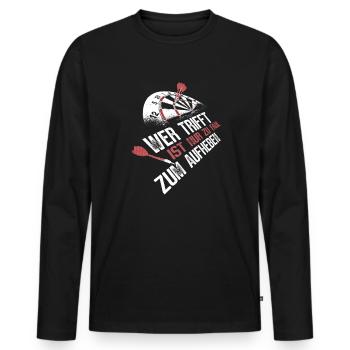 Wer trifft ist faul – Dart auf Dartscheibe - Männer Premium Bio Langarmshirt - Schwarz - Vorne - Nico (187cm)