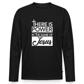 There is Power in the Name of Jesus - Männer Premium Bio Langarmshirt - Schwarz - Vorne - Nico (187cm)