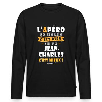 Jean-Charles Cadeau Humour jean charles - T-shirt manches longues Premium bio Homme - noir - Devant - Nico (187cm)