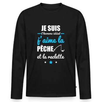Homme idéal Pêche, idée cadeau pêcheur, raclette - T-shirt manches longues Premium bio Homme - noir - Devant - Nico (187cm)