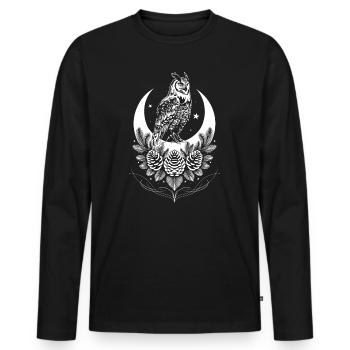 Mystische Eule mit Mondsichel - Wald und Nacht - Männer Premium Bio Langarmshirt - Schwarz - Vorne - Nico (187cm)